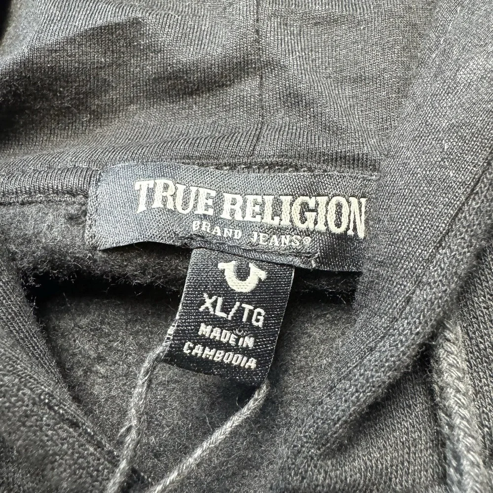 True Religion Full Zip Hoodie Mens XL Jet Black Foil Taping Gold Logo 700315 New